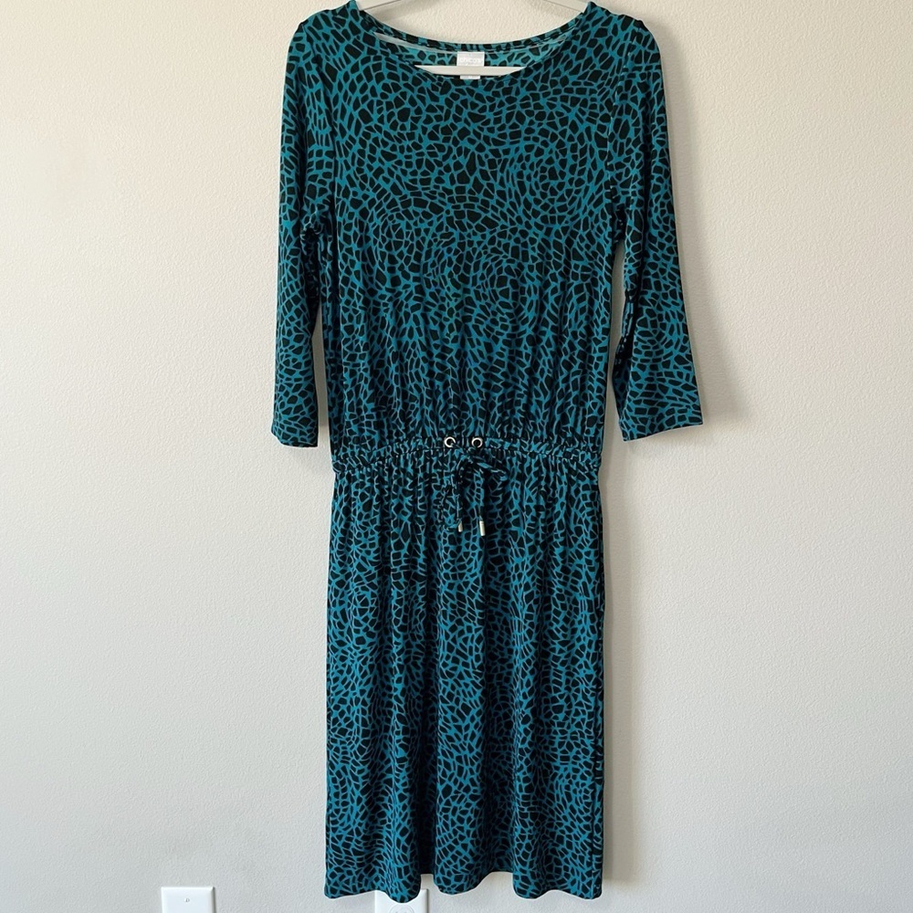 Chico's NWT Travelers 3/4 Sleeve Drawstring Waist Midi Dress Striking Teal 0 = S